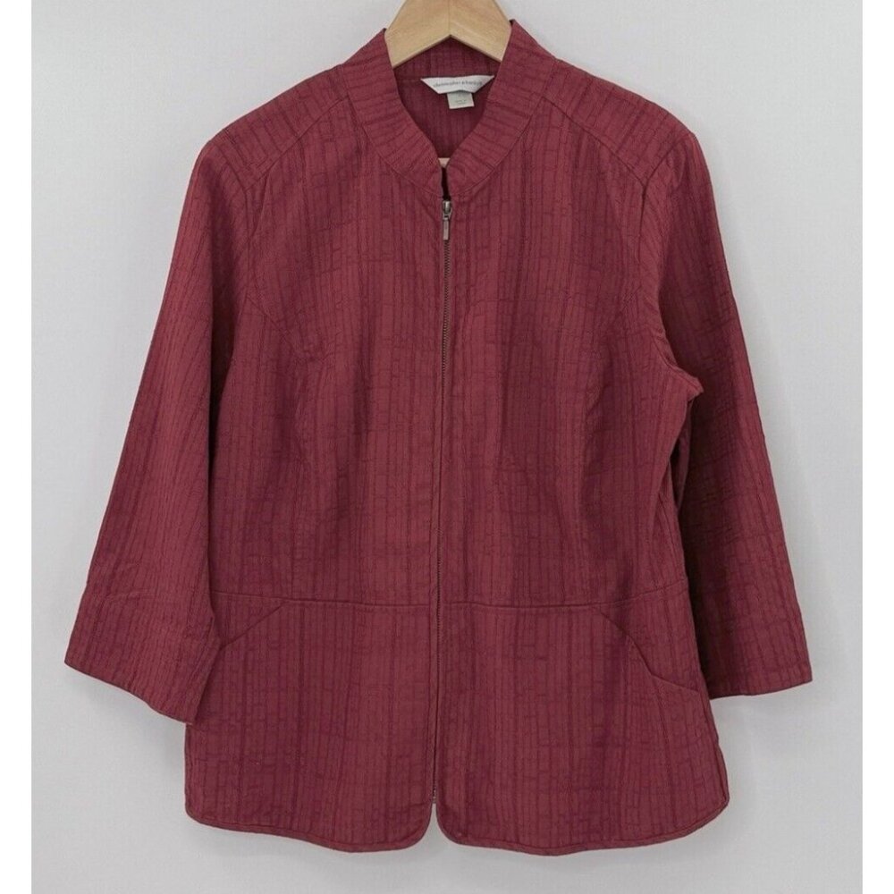 Christopher &‎ Banks Red Texture Stitch 3/4 Sleeve Shacket Zip Front Boho Size L